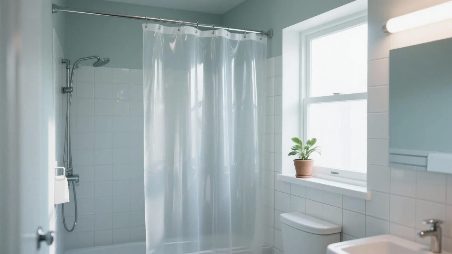Bright bathroom with white wall tiles clear shower curtain bathtub green plant and natural light