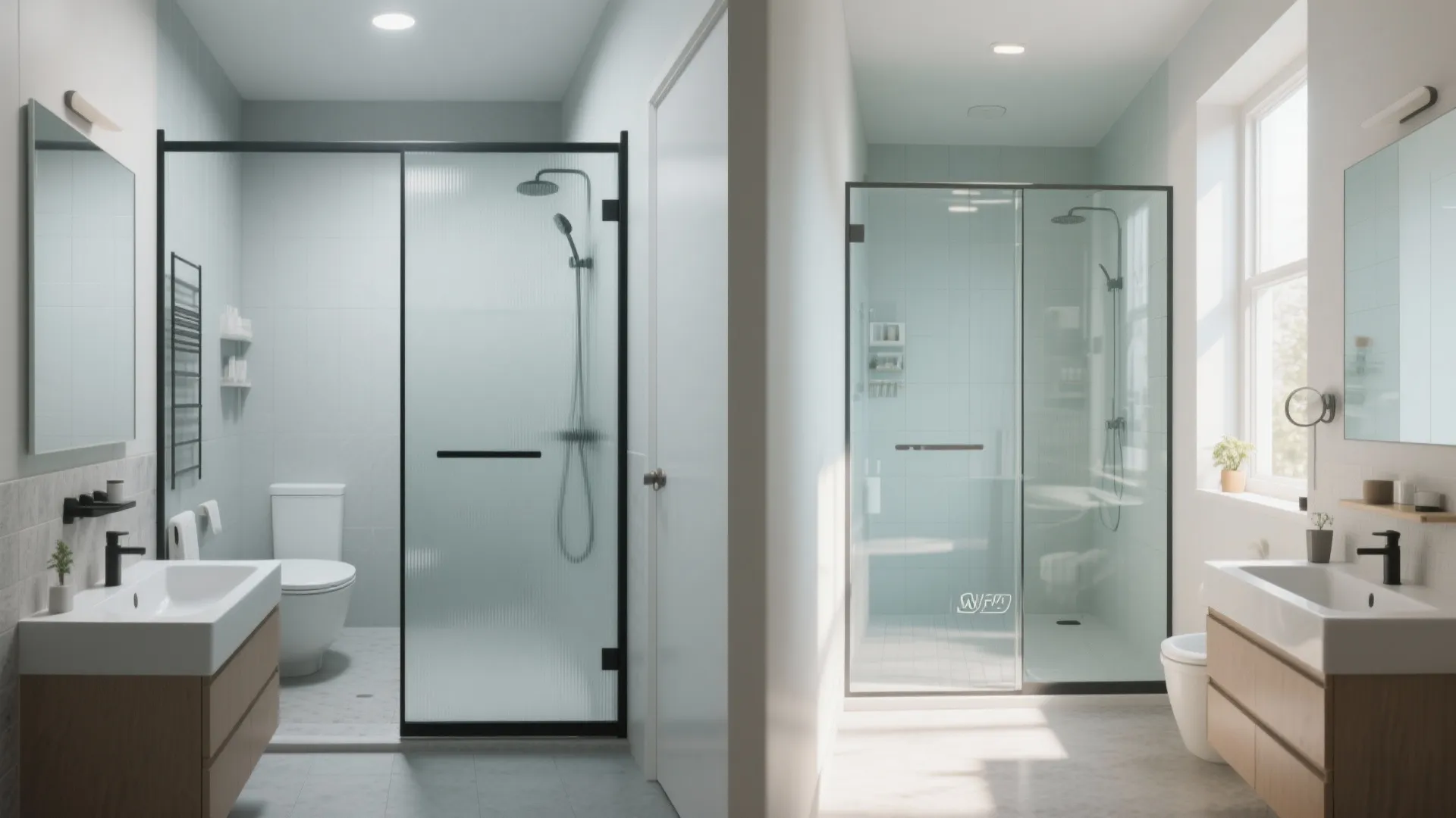 Side by side comparison showing a frosted glass shower door versus a clear glass door