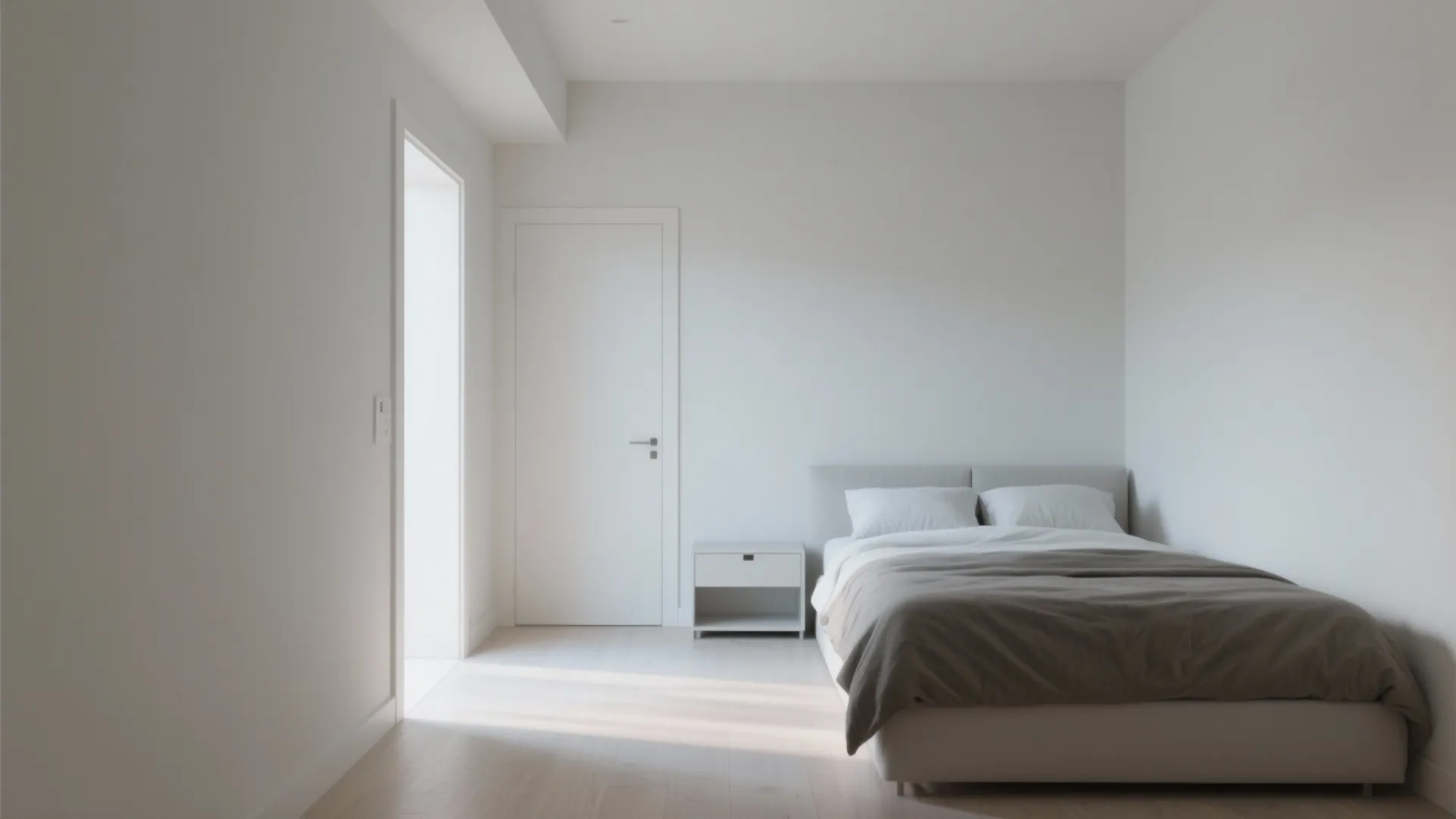 Minimalist white bedroom with a comfortable bed, small side table, wooden floor, and closed door