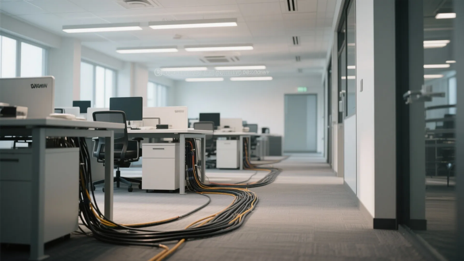 Modern office interior with desks and chairs showing many power cables running along the floor