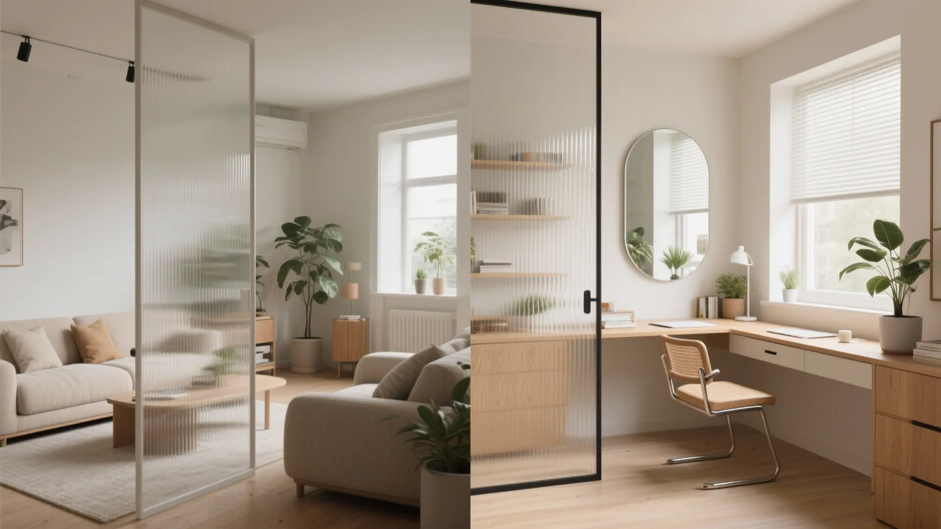 Side by side view of a living room and home office separated by glass room dividers