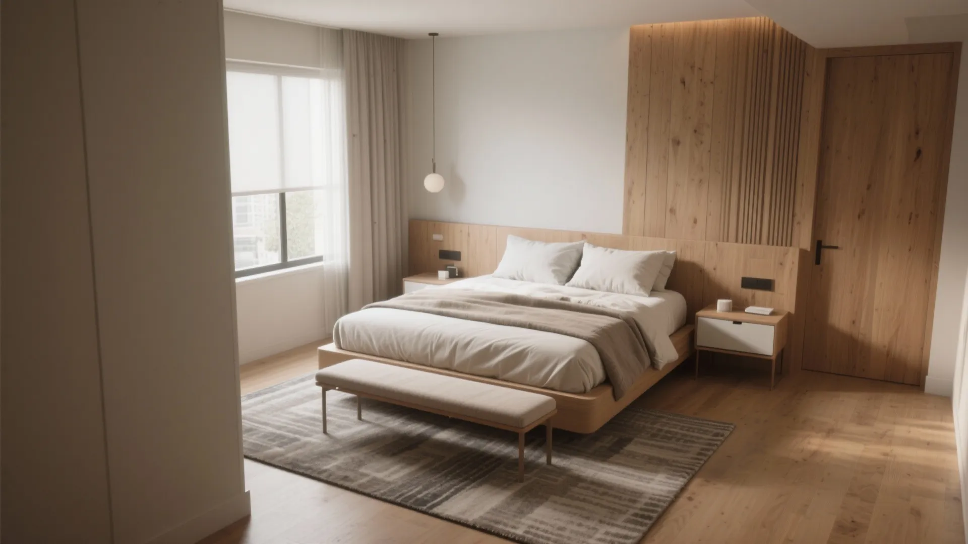 Small bedroom with rug-defined zones, slim bench, floating nightstands, and open walkways.