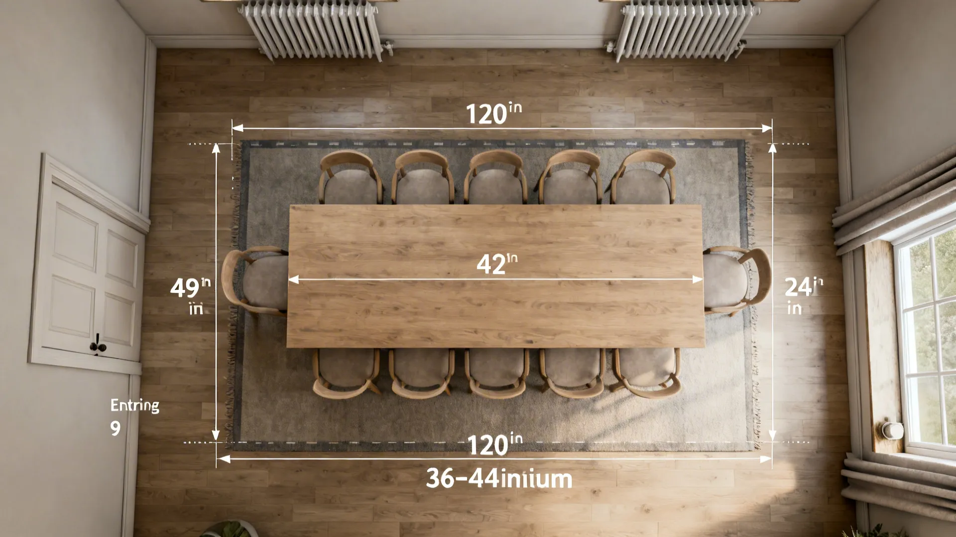 Top down room layout of dining table and chairs with rug and white dimension labels