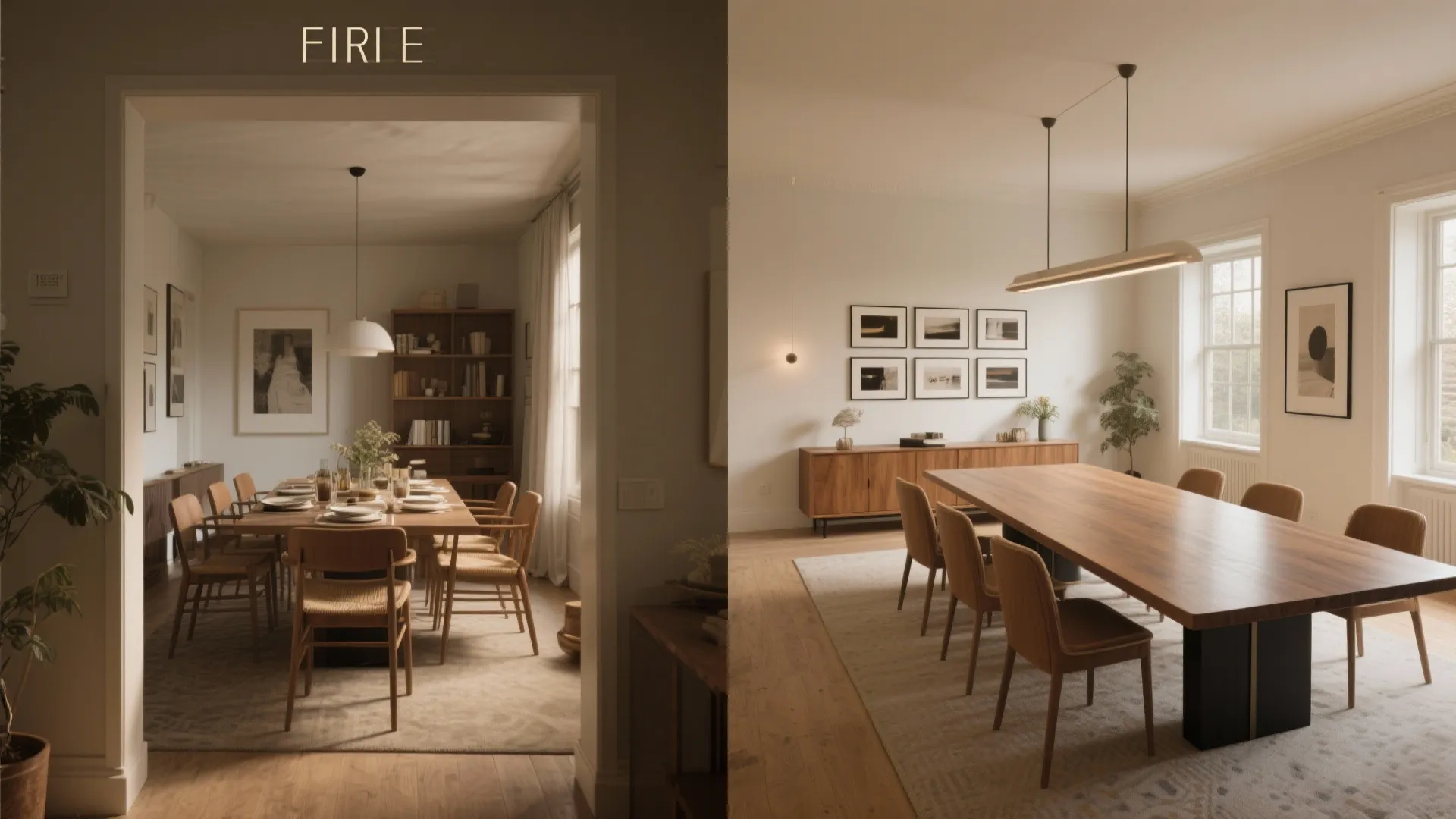 Modern dining room with large wooden table, brown chairs, long ceiling light, and white decorations