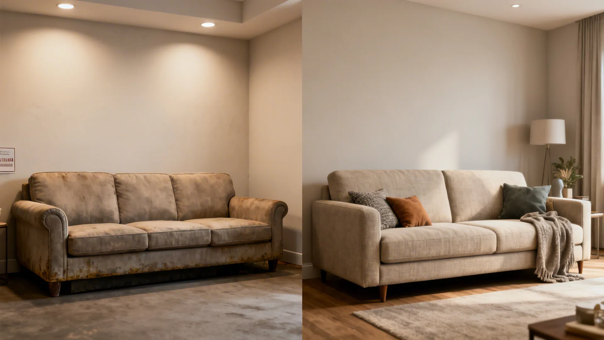 Before-and-after of a room showing a clearance floor model replaced by a refreshed discounted sofa