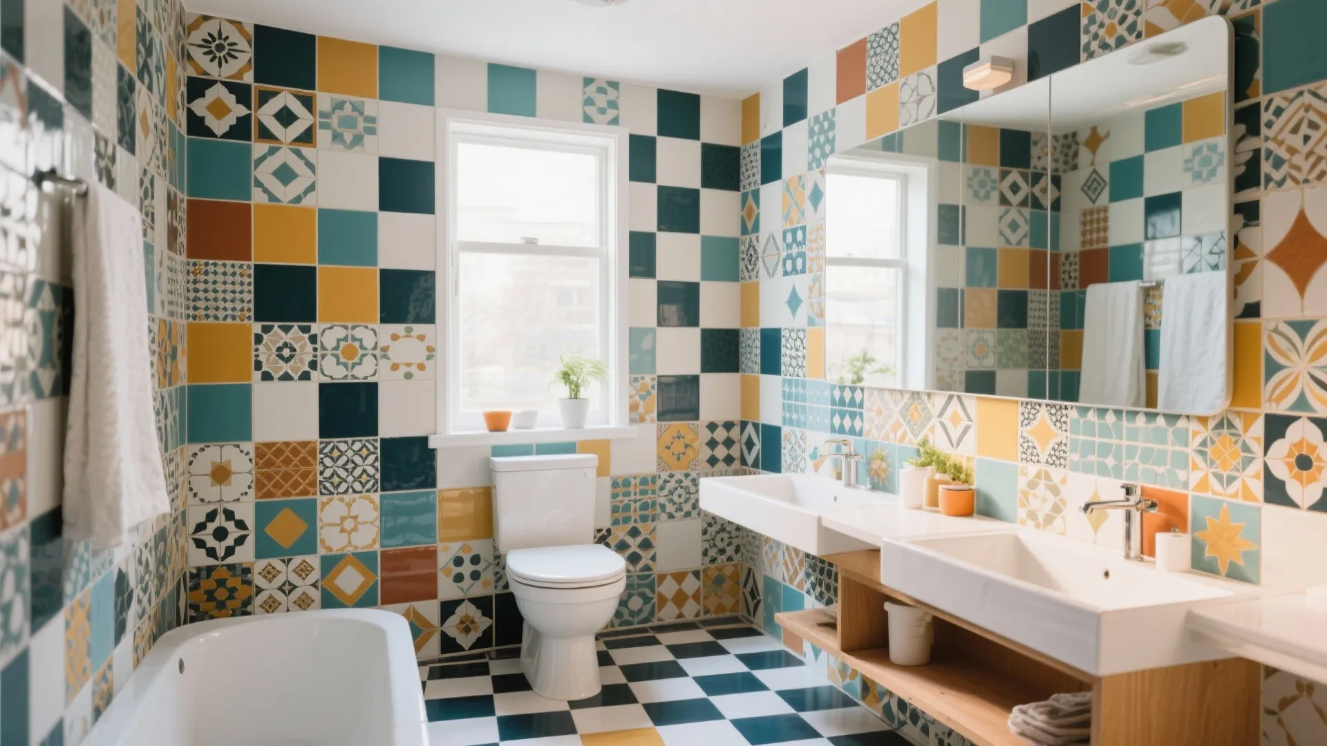 Colorful bathroom with patterned wall tiles plus a white toilet and a large wood cabinet