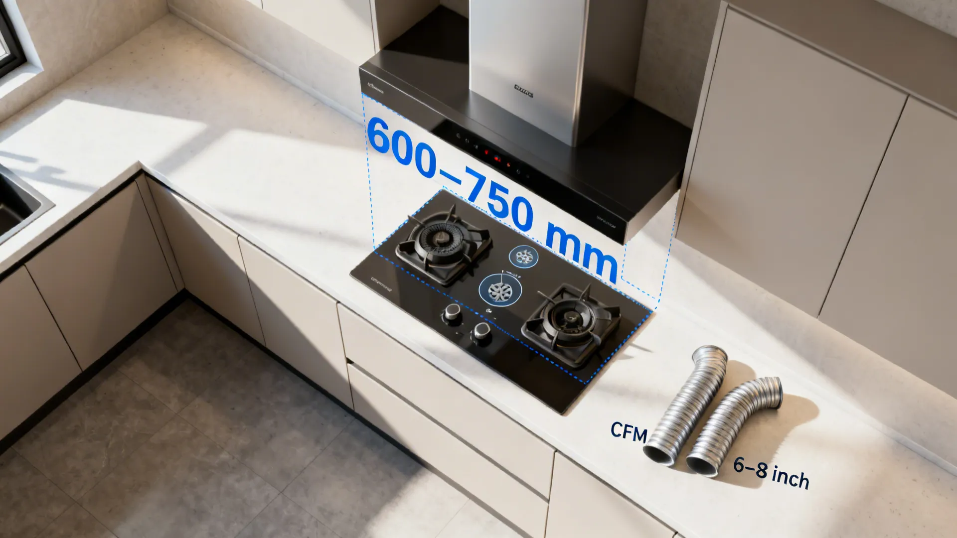 Top view showing hood clearance, blower sizing, and rigid duct diameter in a compact kitchen.