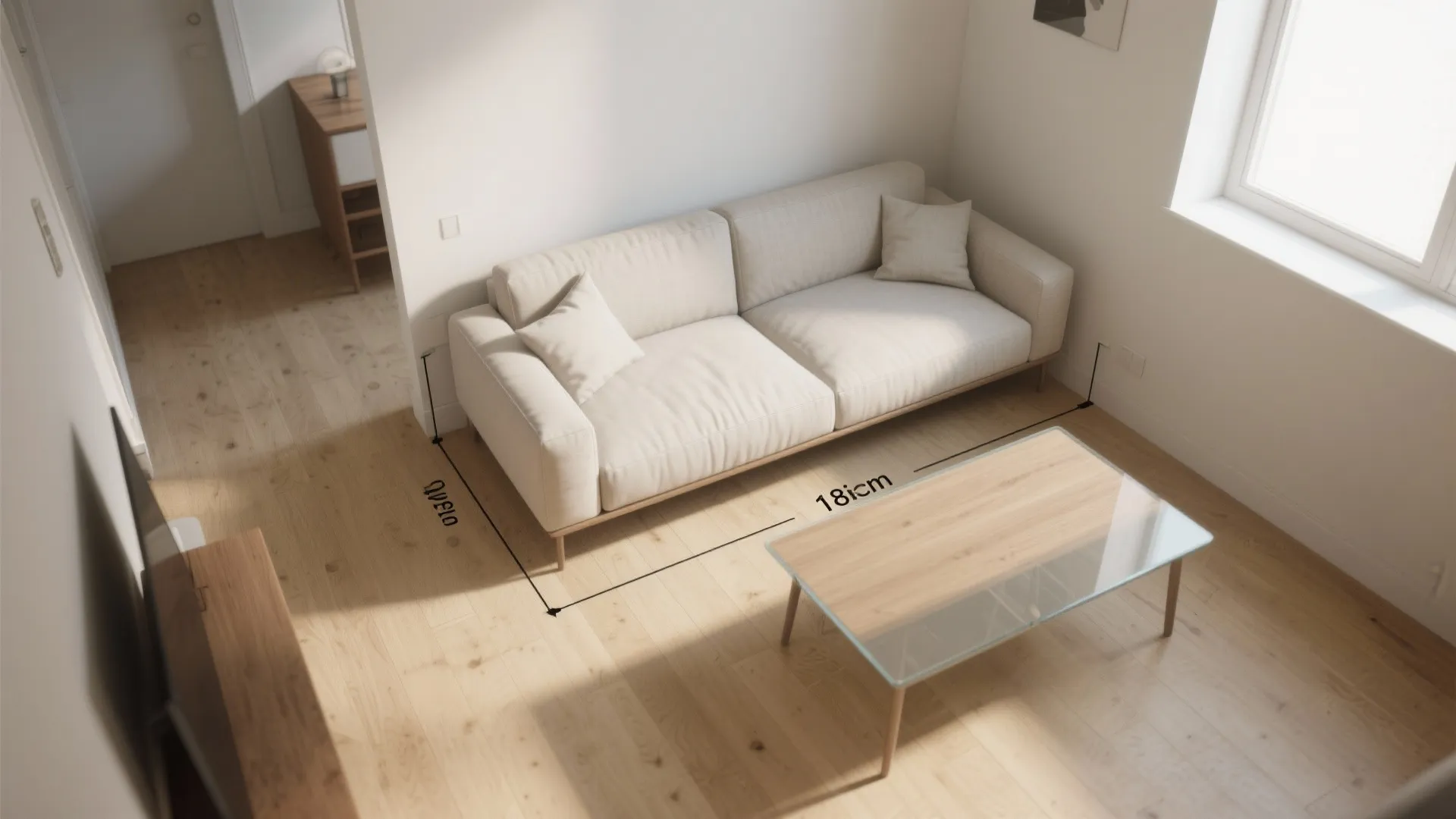 Interior design drawing showing measurements between a cream sofa and a wooden coffee table layout