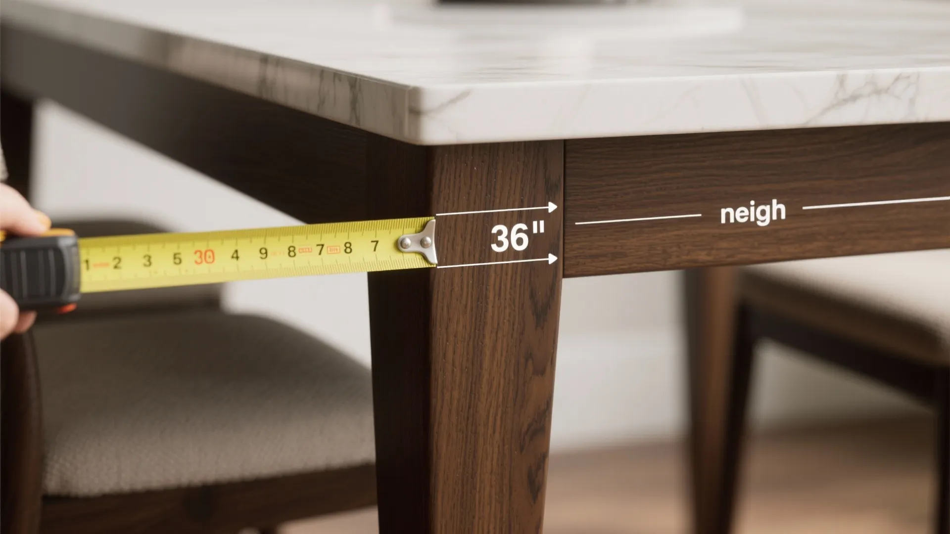 Measuring the clearance height of a dark wood dining table using a yellow tape measure