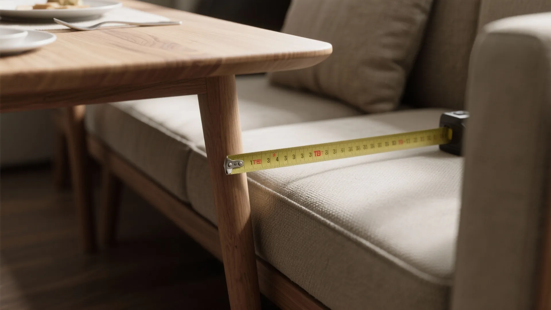 Measuring the distance between a wooden dining table leg and a beige sofa with tape