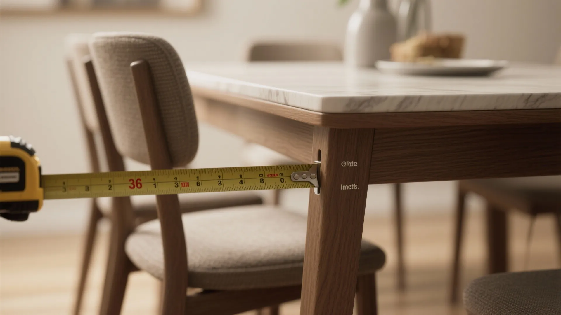 Close up of a measuring tape measuring the wooden leg of a white marble dining table