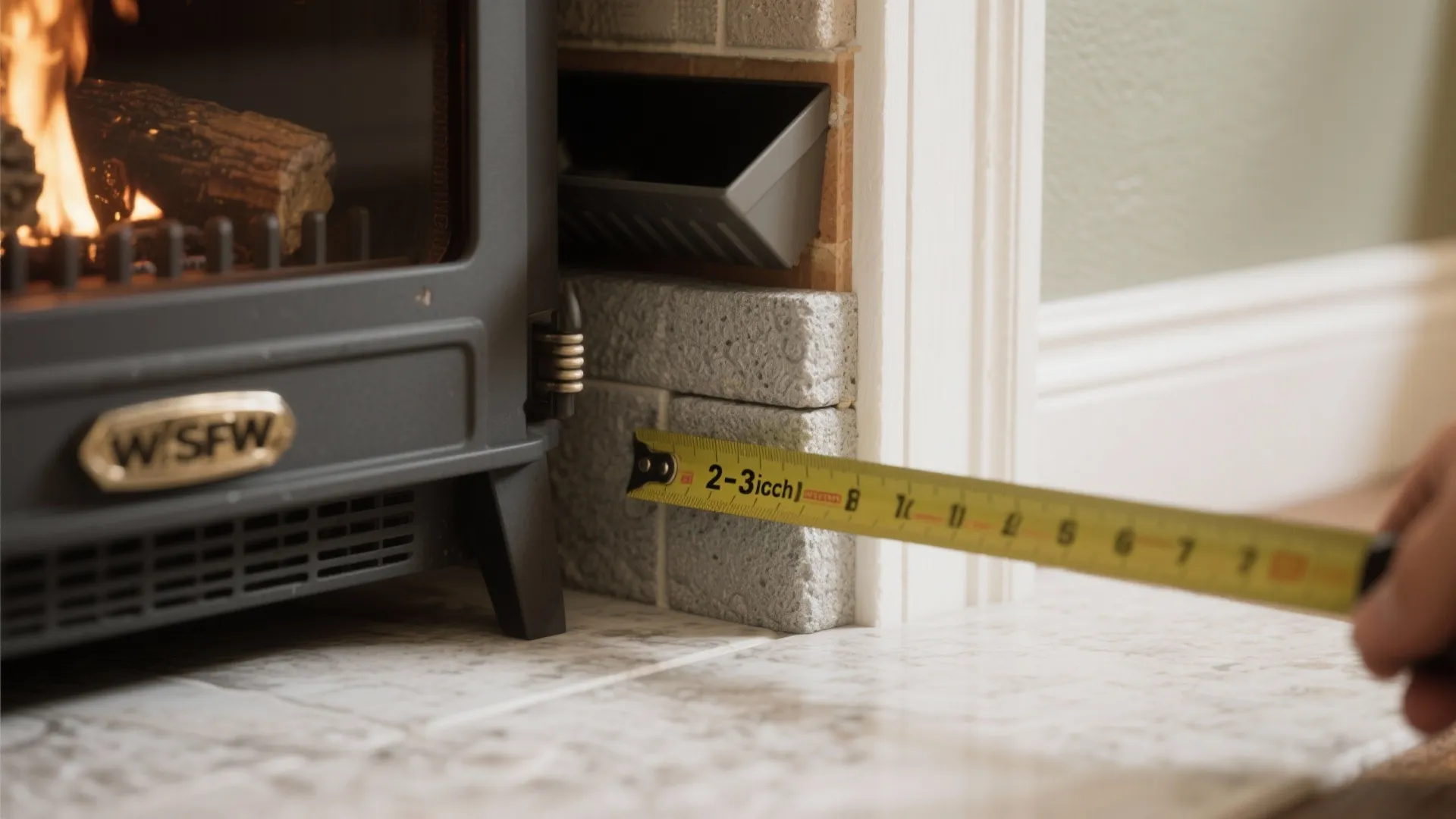 Macro detail showing non-combustible 2–3 inch buffer behind wall finish and hopper access for a pellet stove.