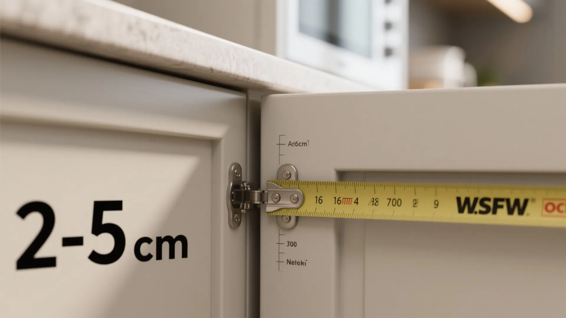 Close-up of measuring tape showing clearance for cabinet door hinges