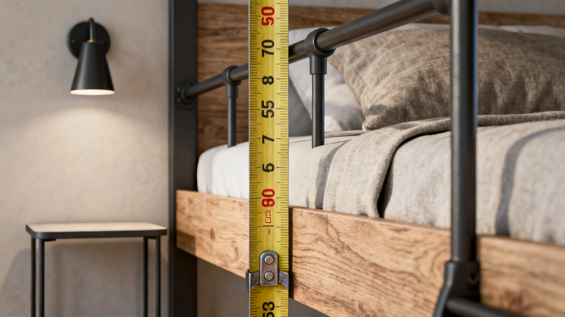 Close-up showing recommended 60–75 cm clearance beside a bed and loft bed guardrail detail