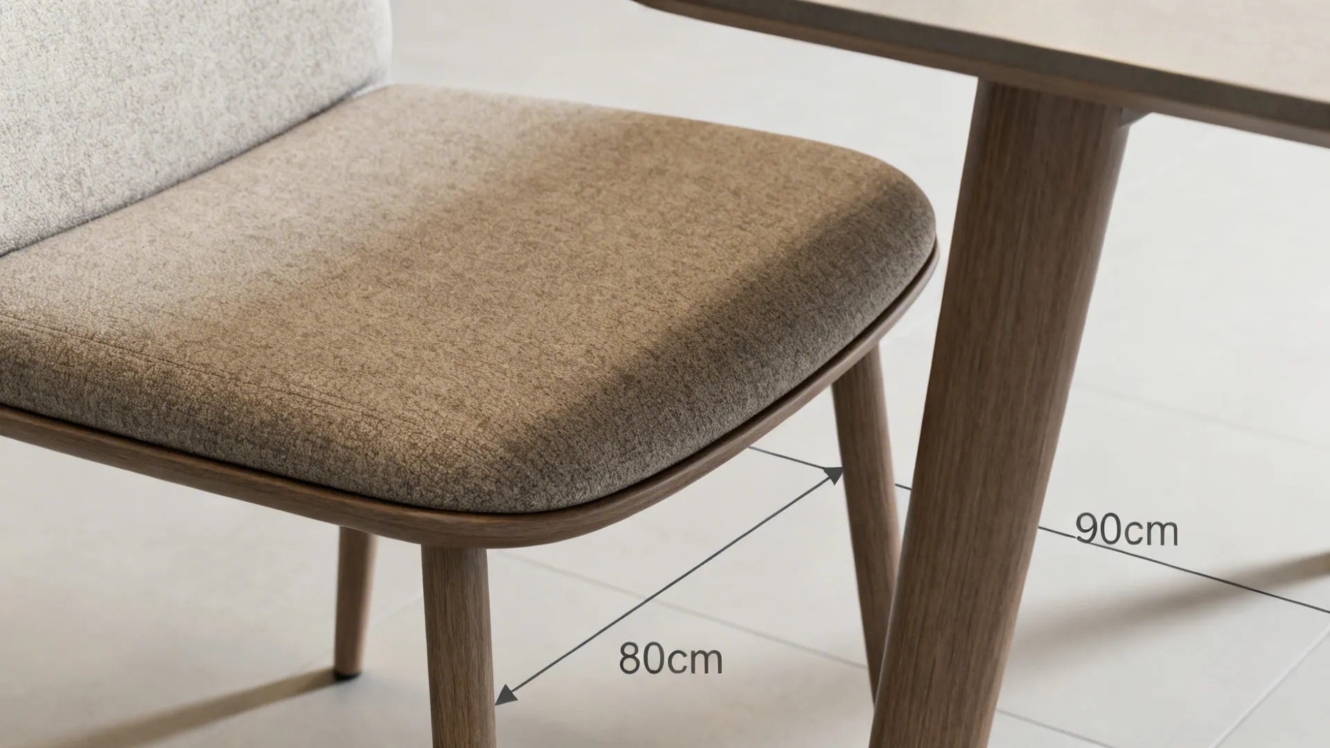 Macro detail showing dining chair profile and tabletop with clearance markers illustrating ergonomic spacing.