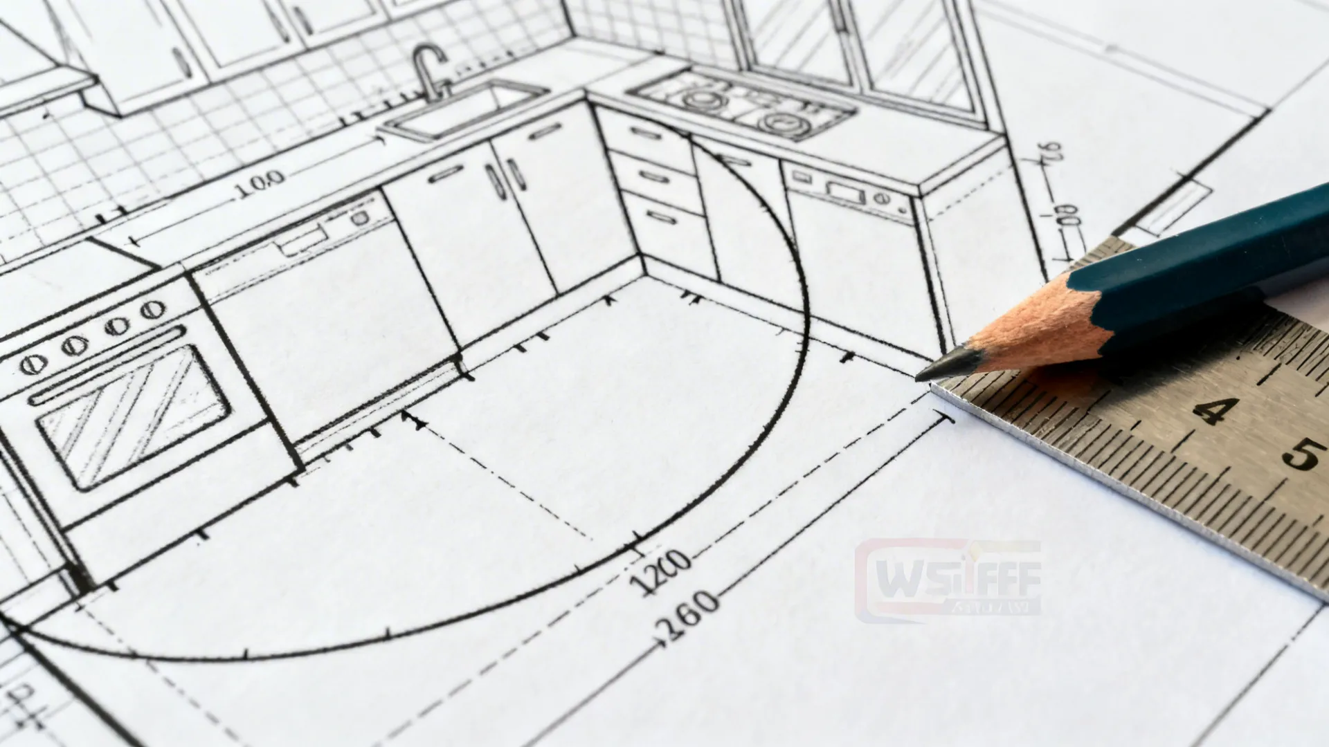 Close-up of a kitchen drawing with precise clearance arcs, dimensions, pencil, and ruler.