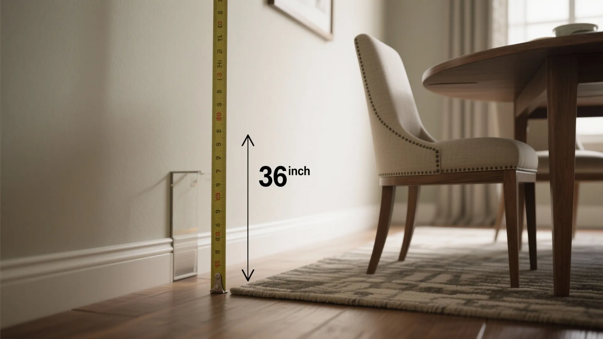 Yellow measuring tape showing thirty six inch height next to a dining chair and table