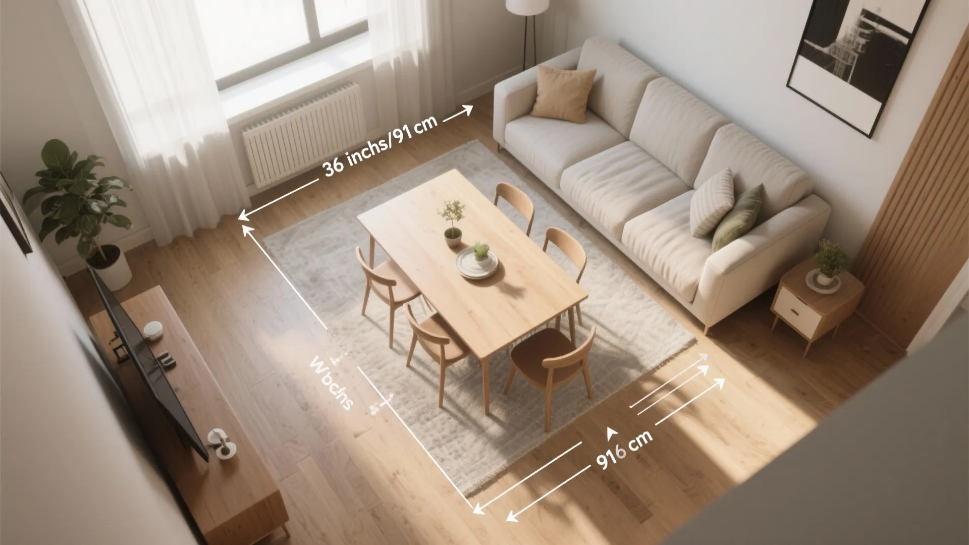 Living room layout drawing showing dimensions and clearance space between dining table sofa and media cabinet