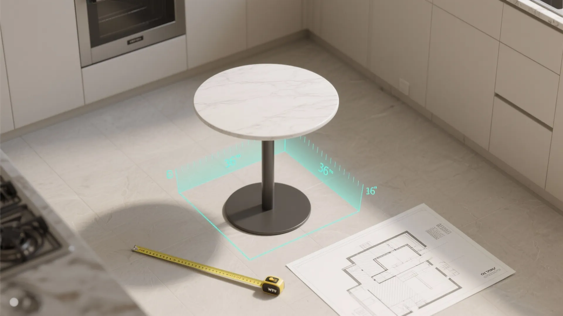 Round marble table with black base showing digital floor measurements next to paper interior design plan