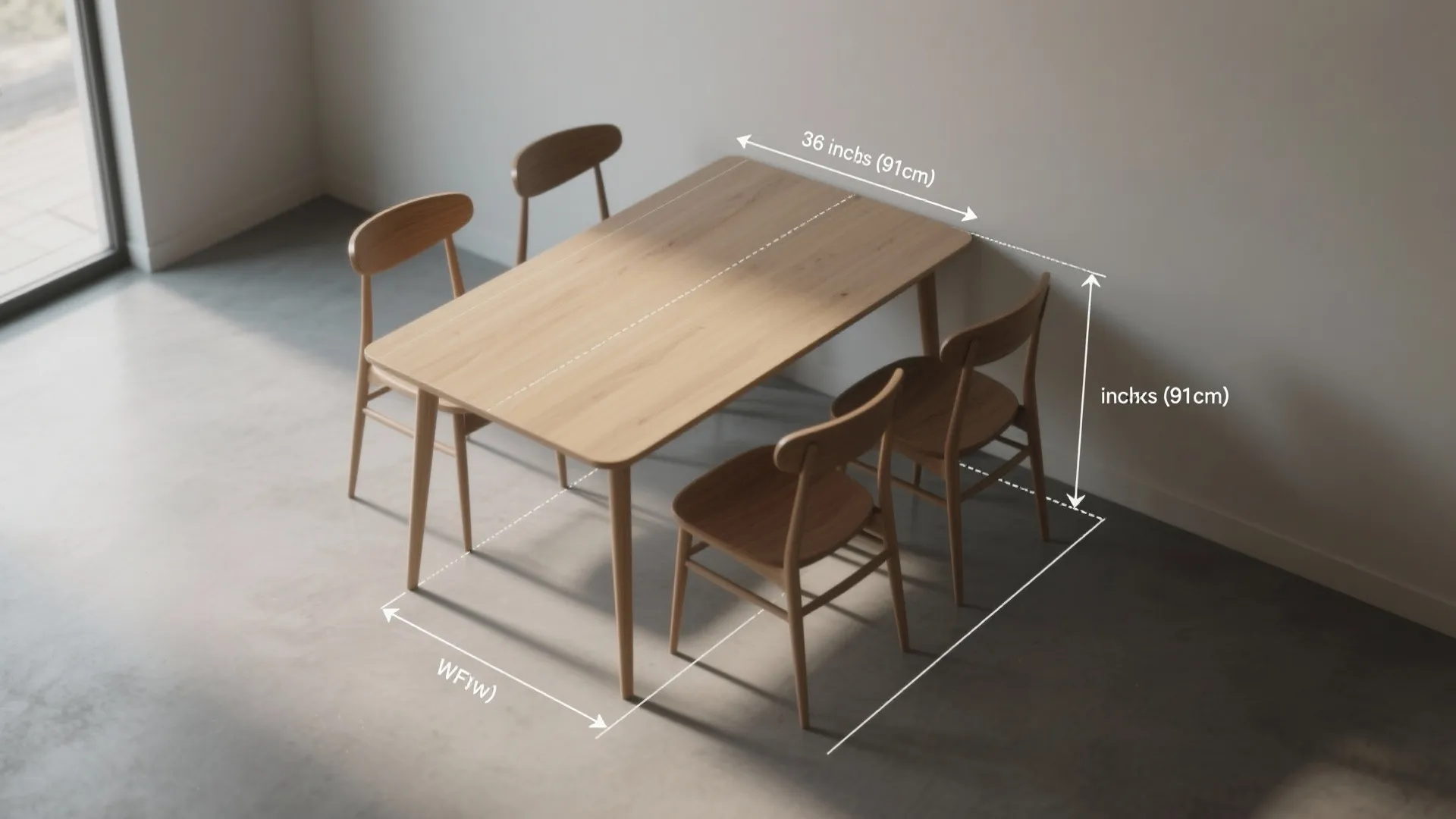 Dining room diagram showing the necessary space dimensions around a wooden table and four chairs