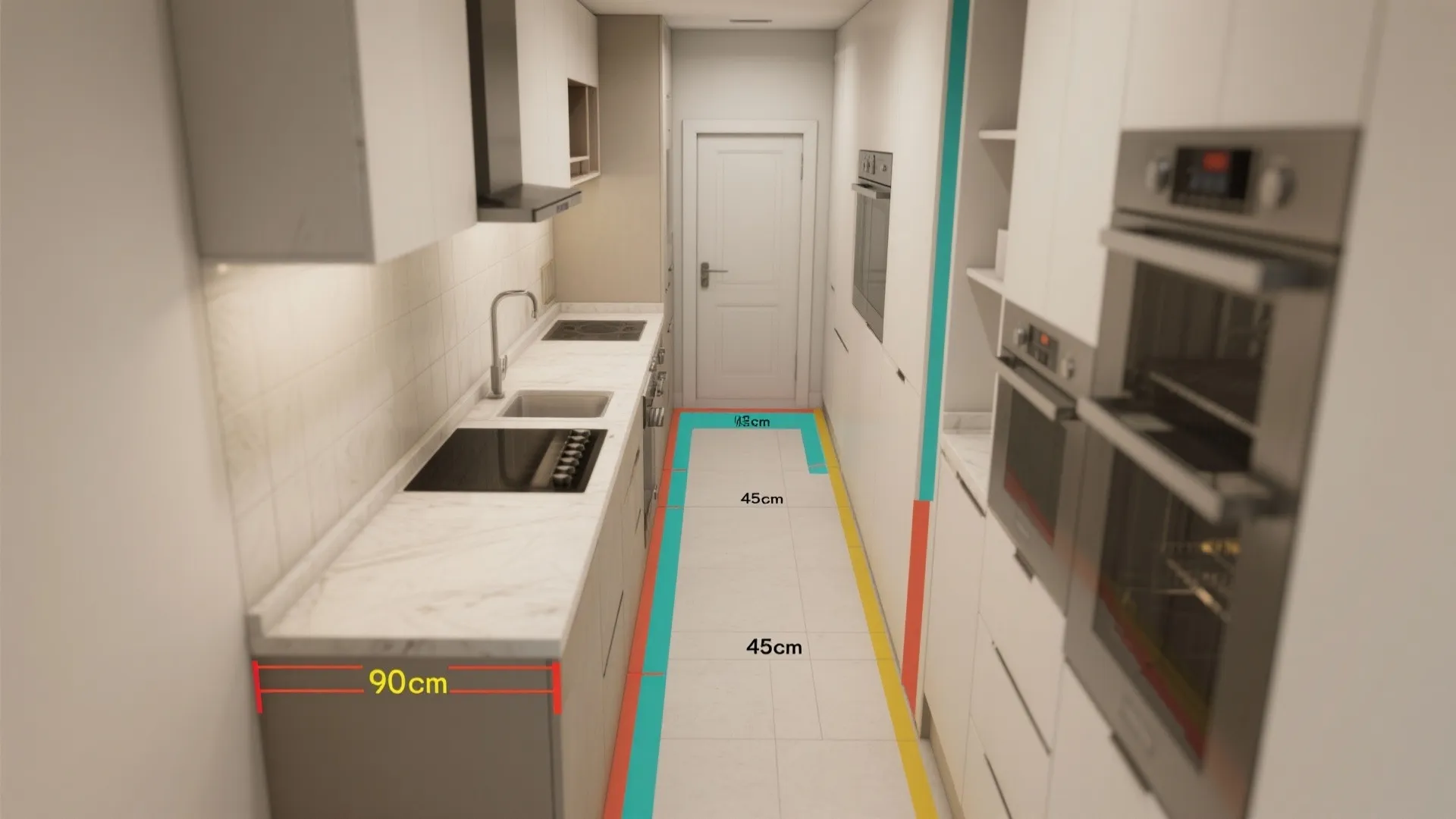 Top-down floor plan style image of a galley kitchen with color overlays indicating recommended clearances and door swings.