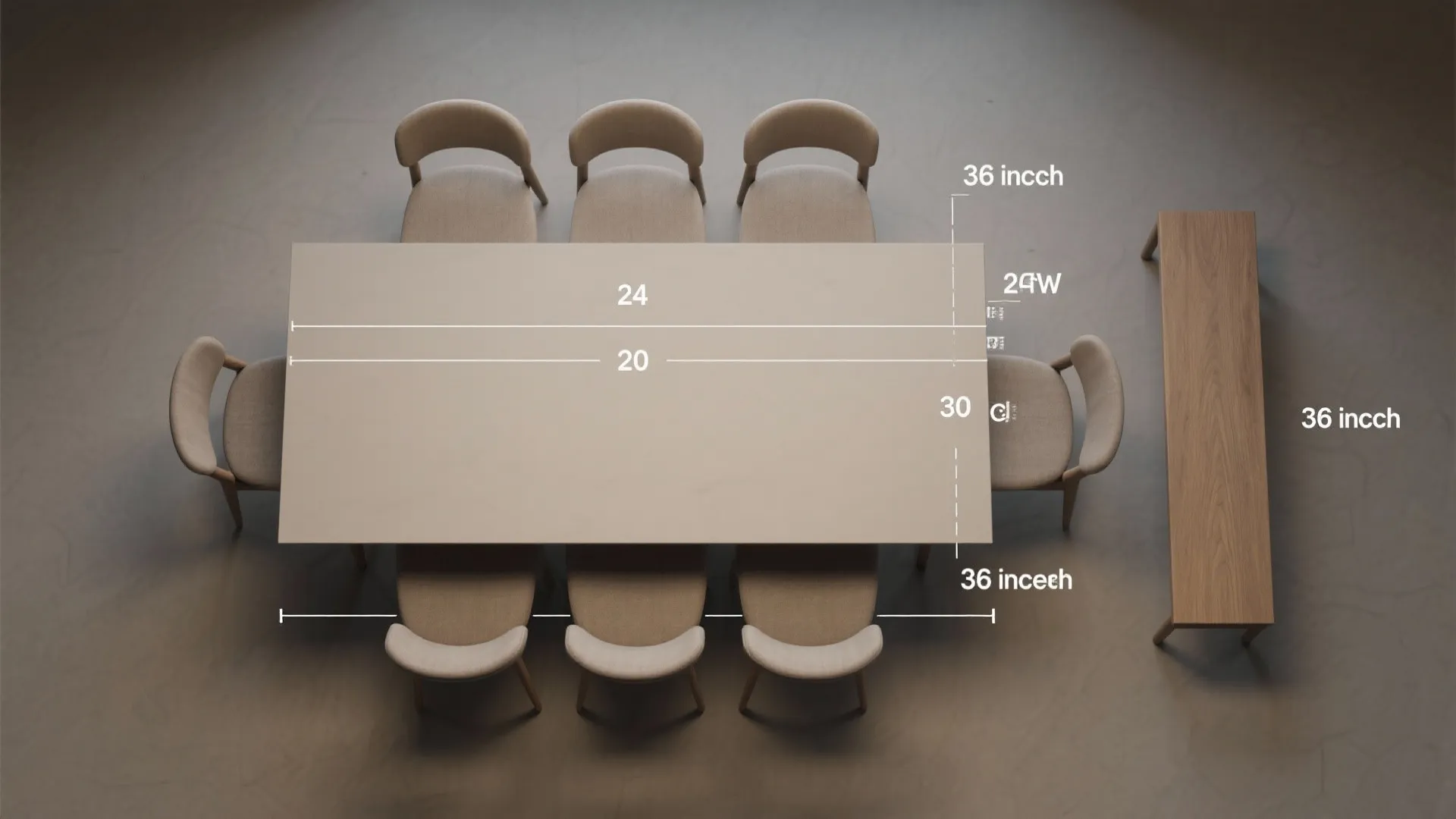 Top-down diagram illustrating 24, 30 and 36 inch clearances around a narrow rectangular dining table with seating options.