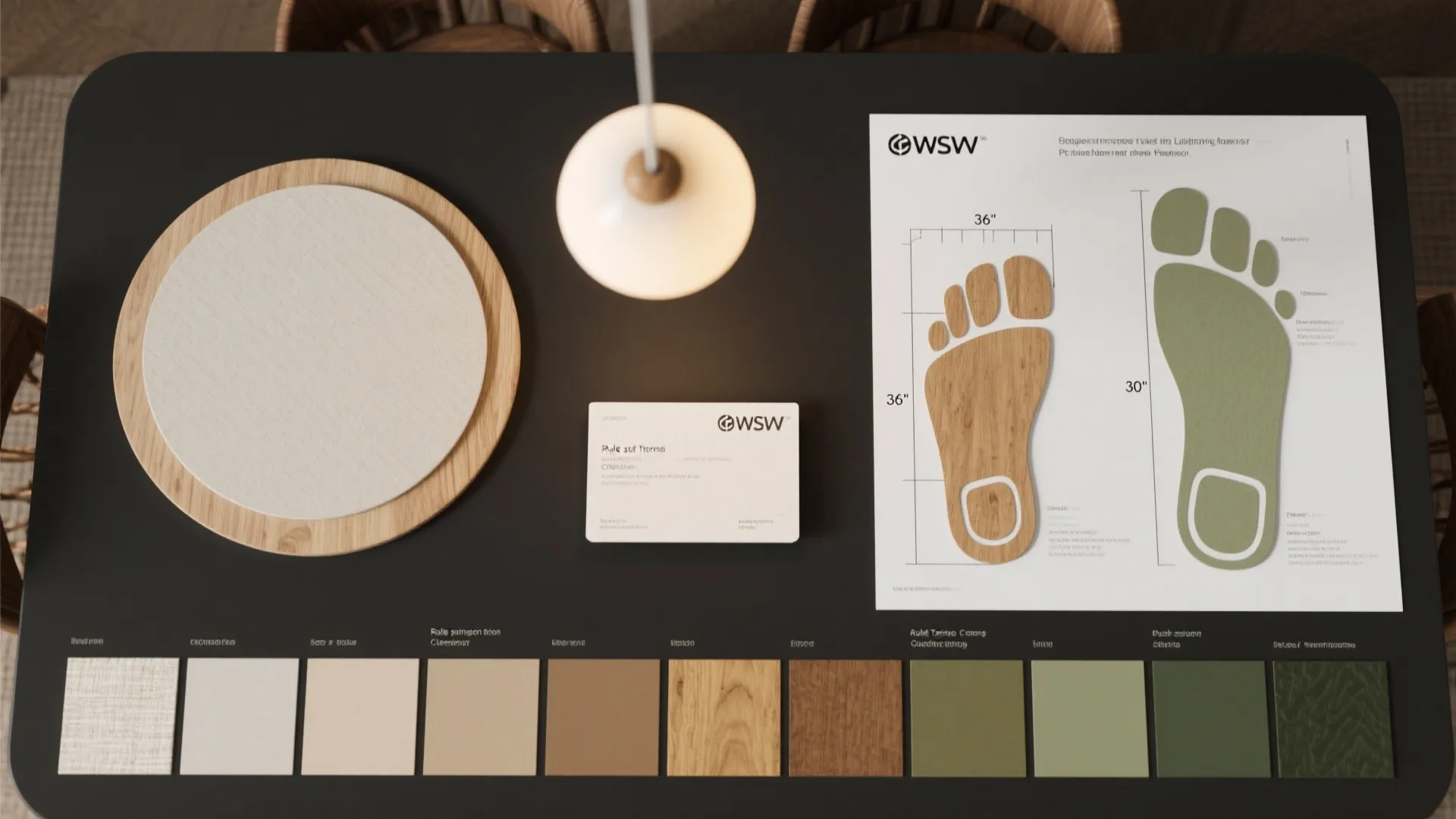 Interior design drawing showing room layout dimensions with color material samples on a dark table