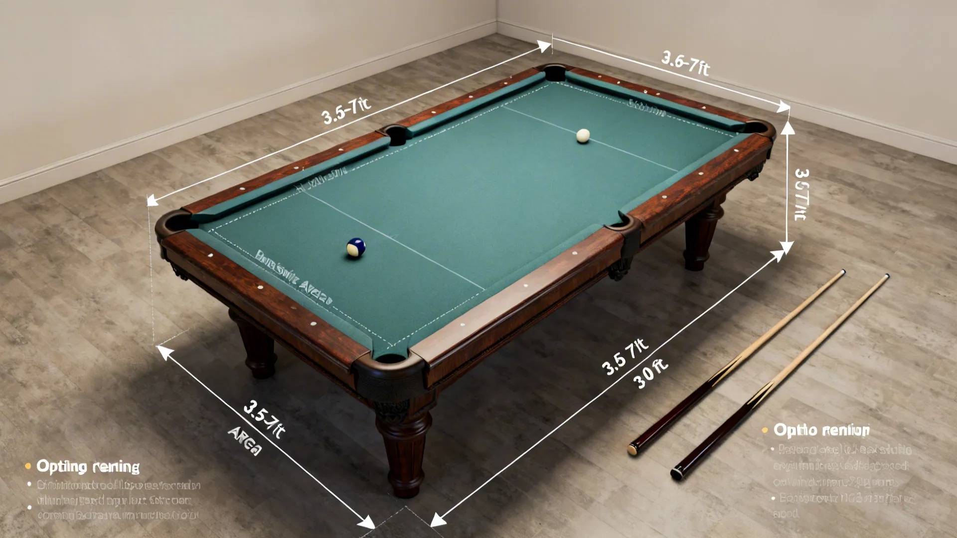 Top-down clearance diagram for a small pool table showing cue swing and minimum space