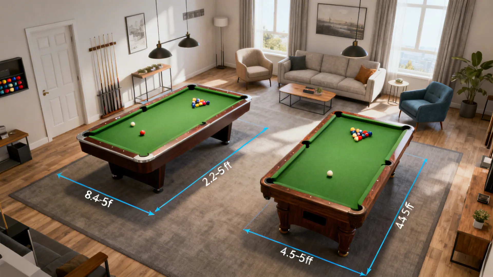 Top-down perspective showing clearance zones for 7-foot and 8-foot pool tables in a living room