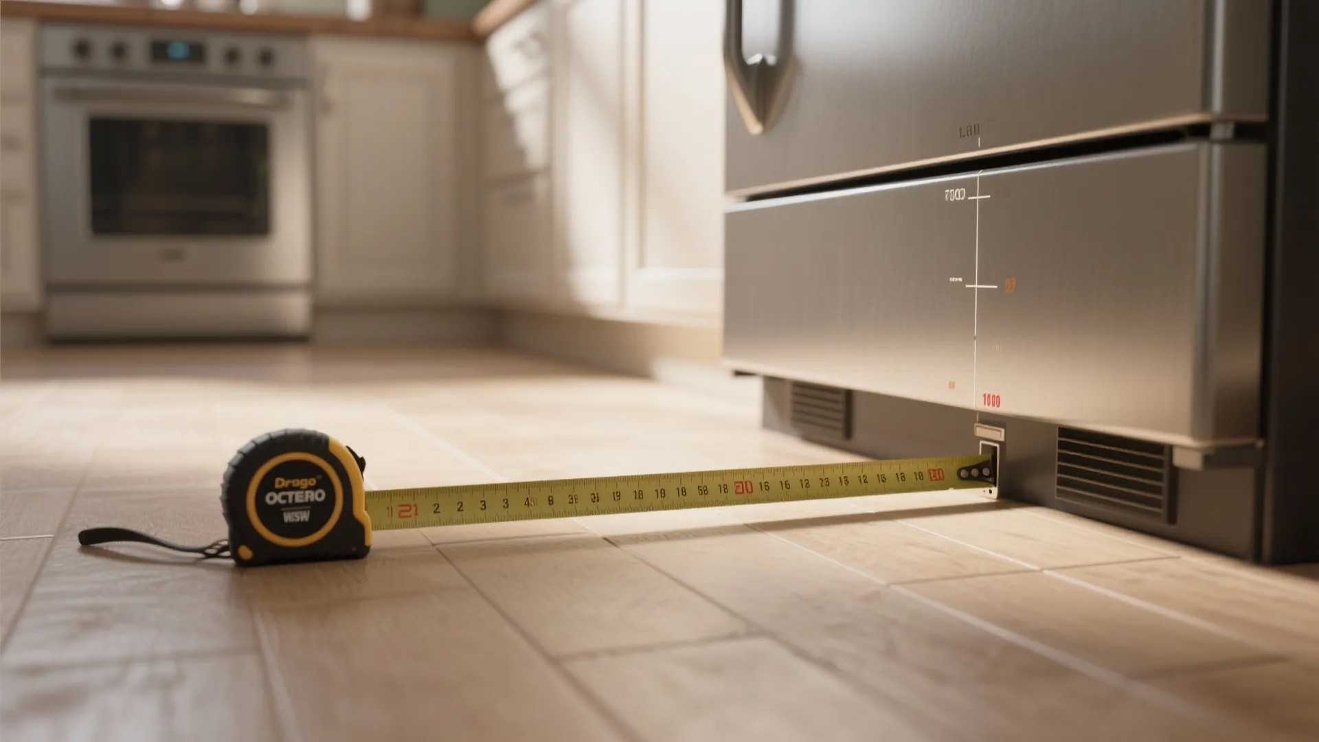 Yellow tape measure measuring the space under a silver refrigerator on a light wood floor