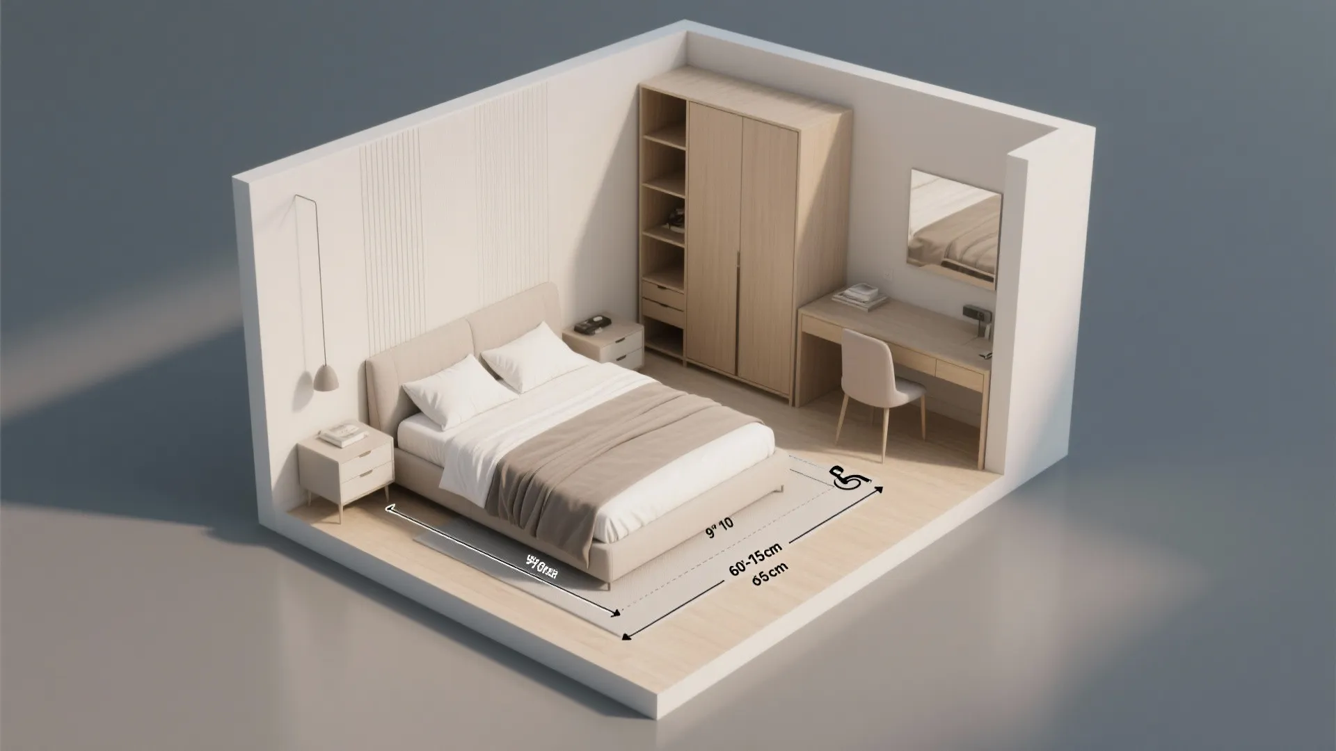 Bedroom interior design drawing showing furniture dimensions with bed wooden cabinet desk and a small chair