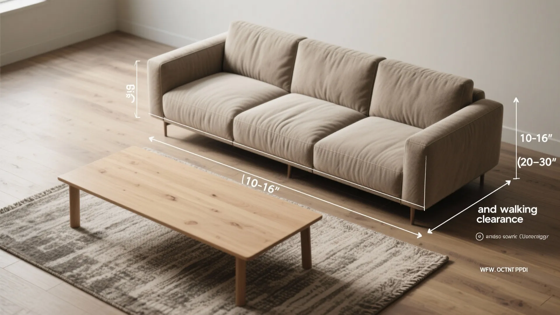 Top-down floor plan showing sofa depth, recommended table depth, and walking clearance measurements.