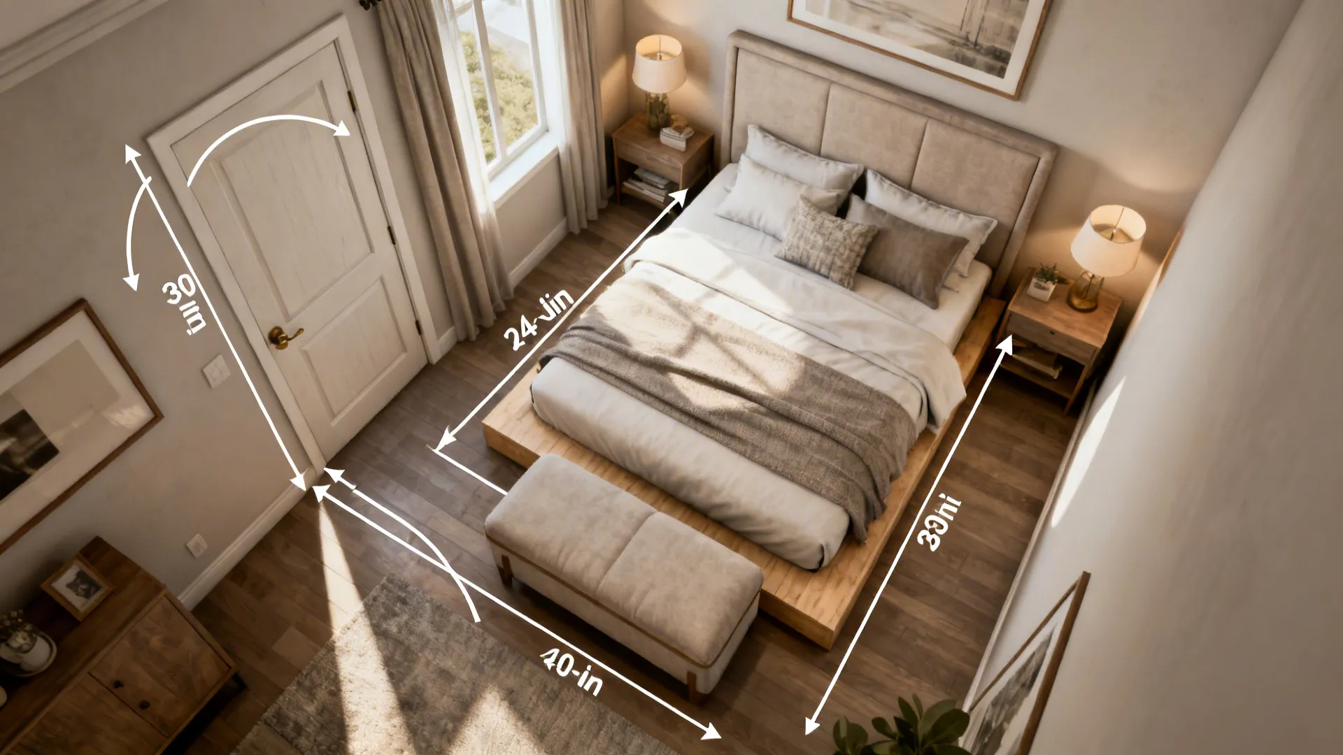 Top-down floor plan showing clearances and furniture placement around a queen bed in a small room.