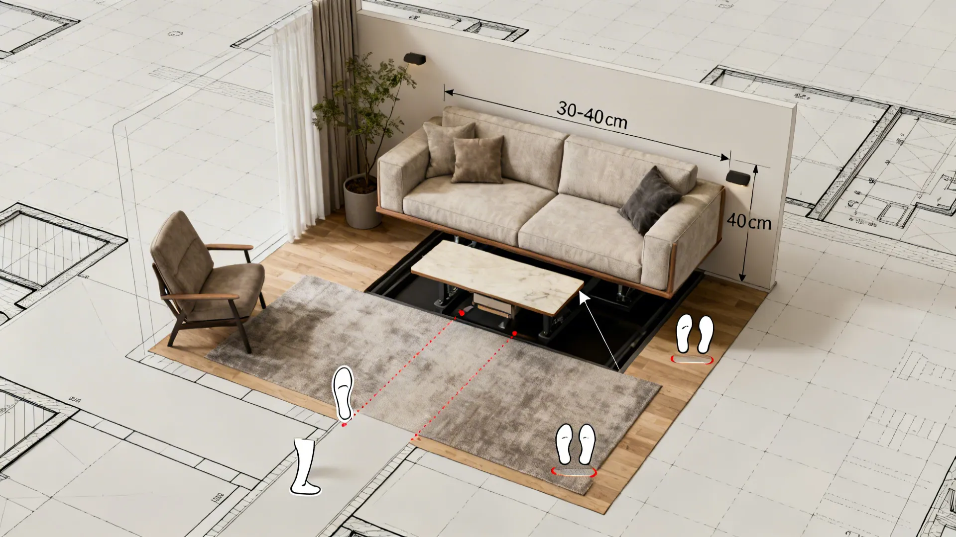 Top-down floor plan showing 30–40 cm clearance behind sofa and lift table positions
