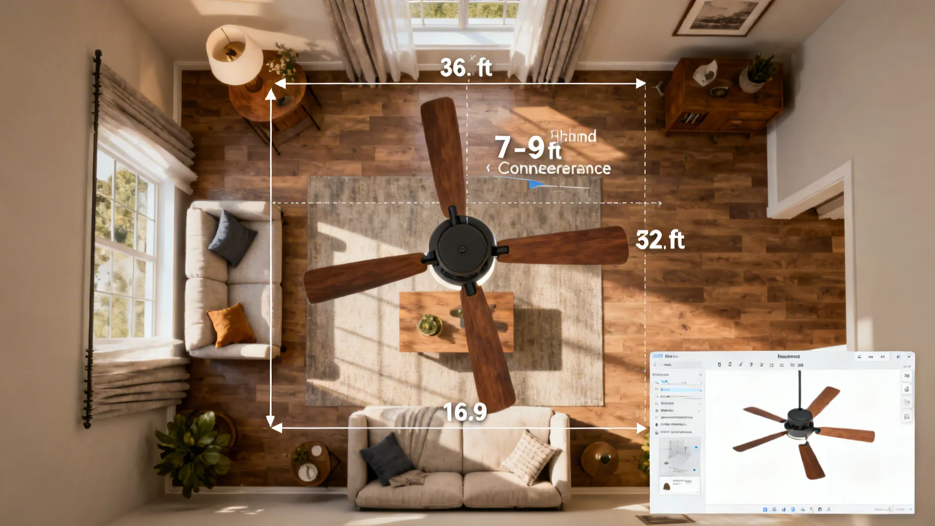 Top view of living room showing a ceiling fan with clearance measurements and interior design software