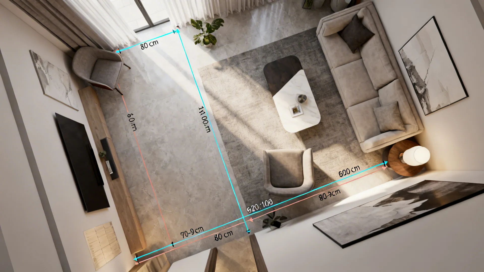 Top down living room interior design drawing showing dimension lines between sofa coffee table and floor