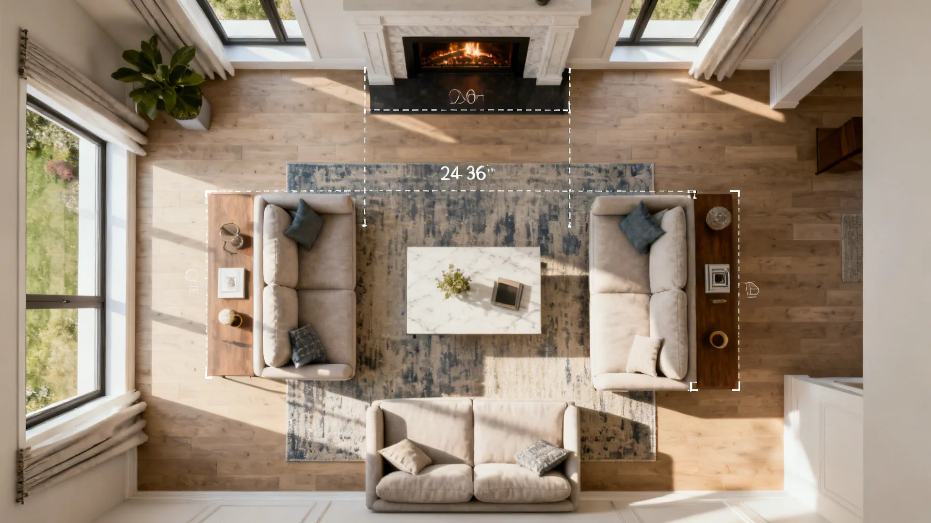 Top-down floor plan showing sofa-to-hearth clearances (24–36 inches) and layout options.