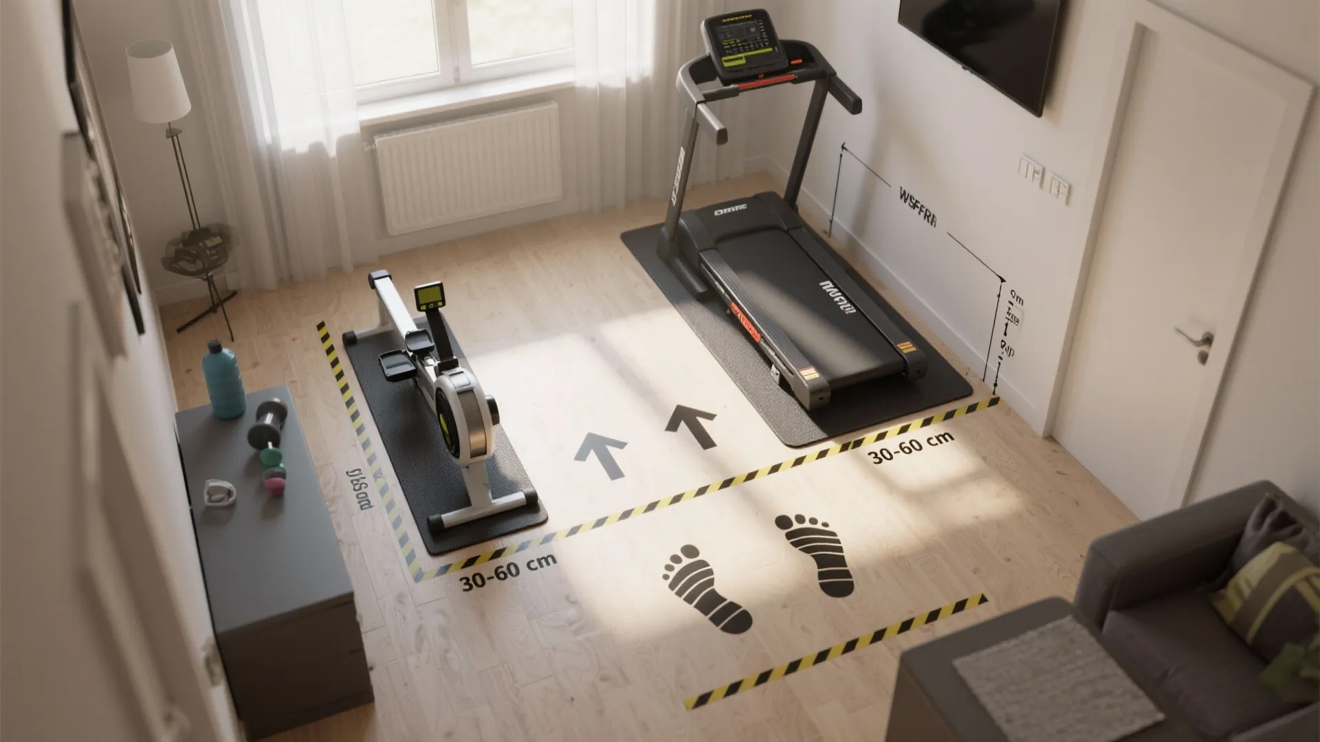 Room layout showing floor space for a treadmill and rowing machine with clear safety markings