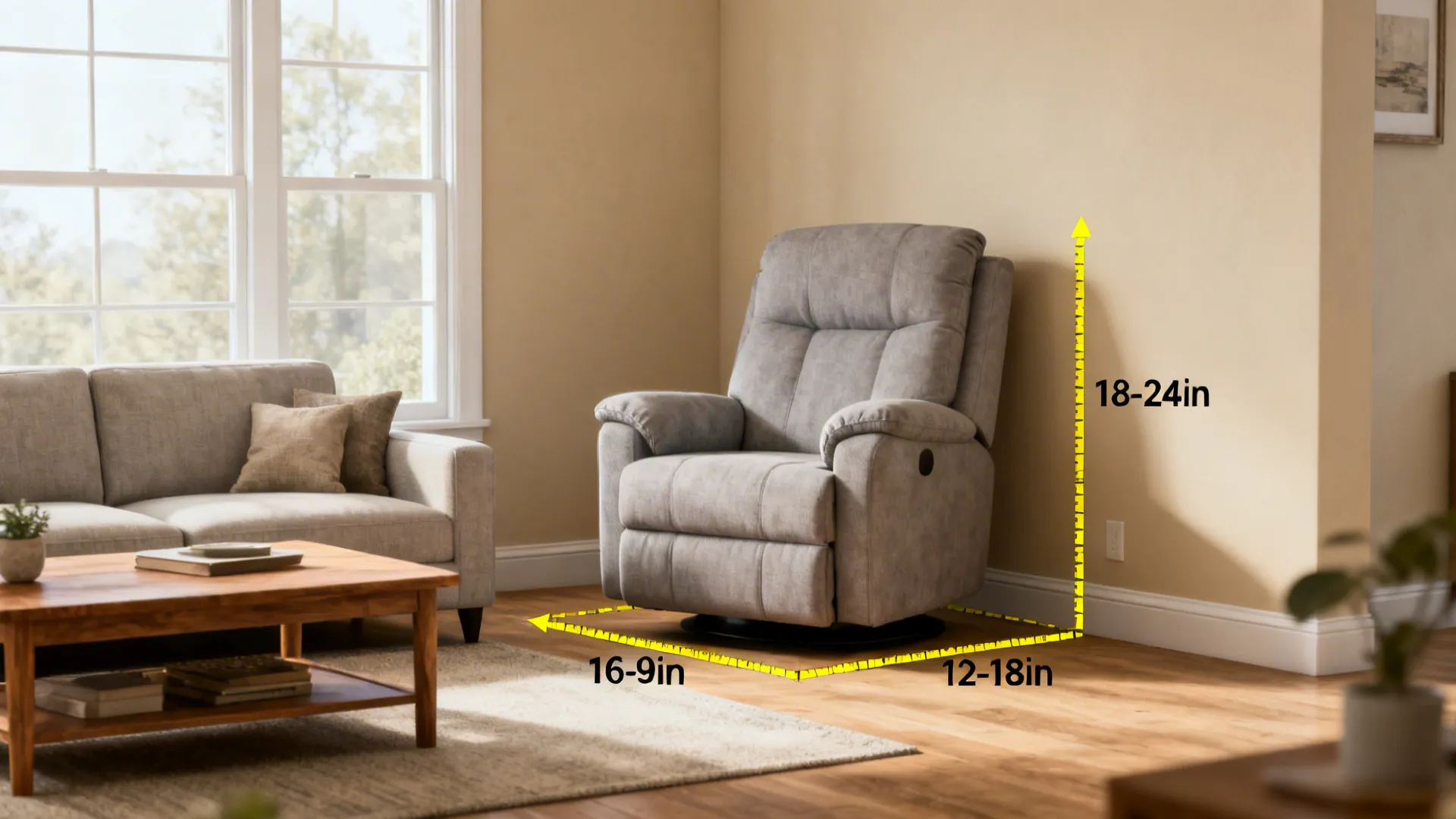 Living room showing measured clearance behind a swivel recliner with tape outlines for 18-24 inches and a wall-hugger example