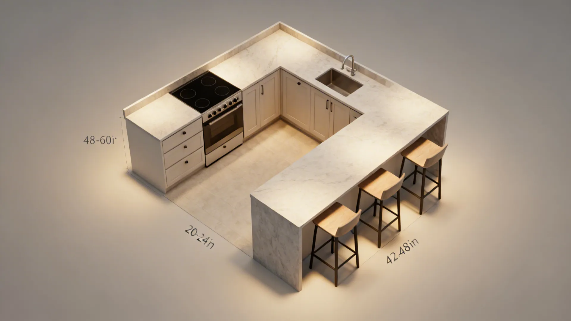Top-down guide illustrating aisles and compact island dimensions for small L-shaped kitchens.