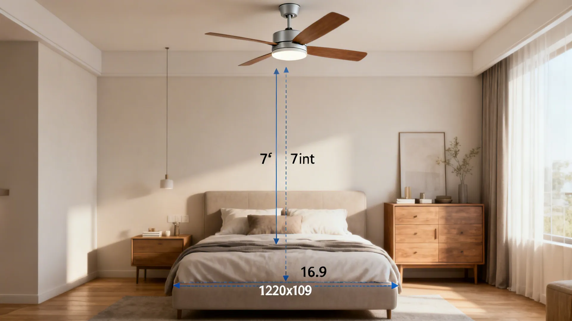 Small bedroom illustrating recommended clearances for a ceiling fan above a bed and near furniture