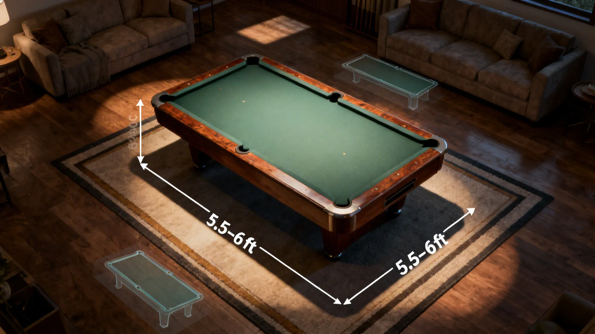 Top-down diagram of pool table clearance requirements and zoning tips for living rooms.