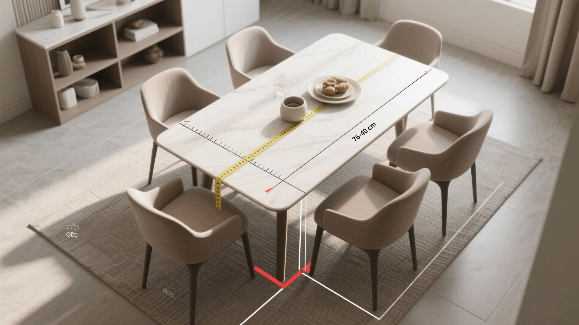 Modern dining table with beige chairs showing clearance space measurements and yellow tape ruler layout