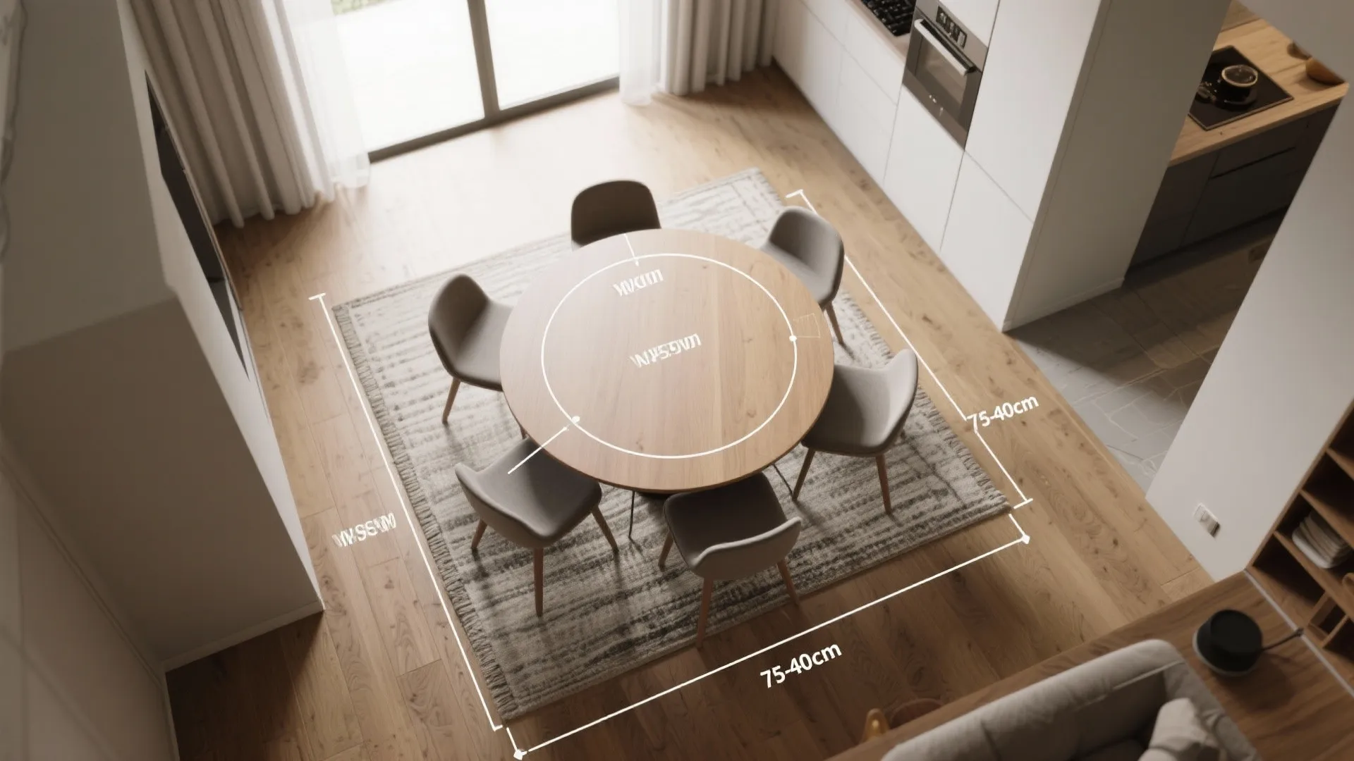 Top view interior design drawing showing dining table clearance measurements for chairs and kitchen room layout