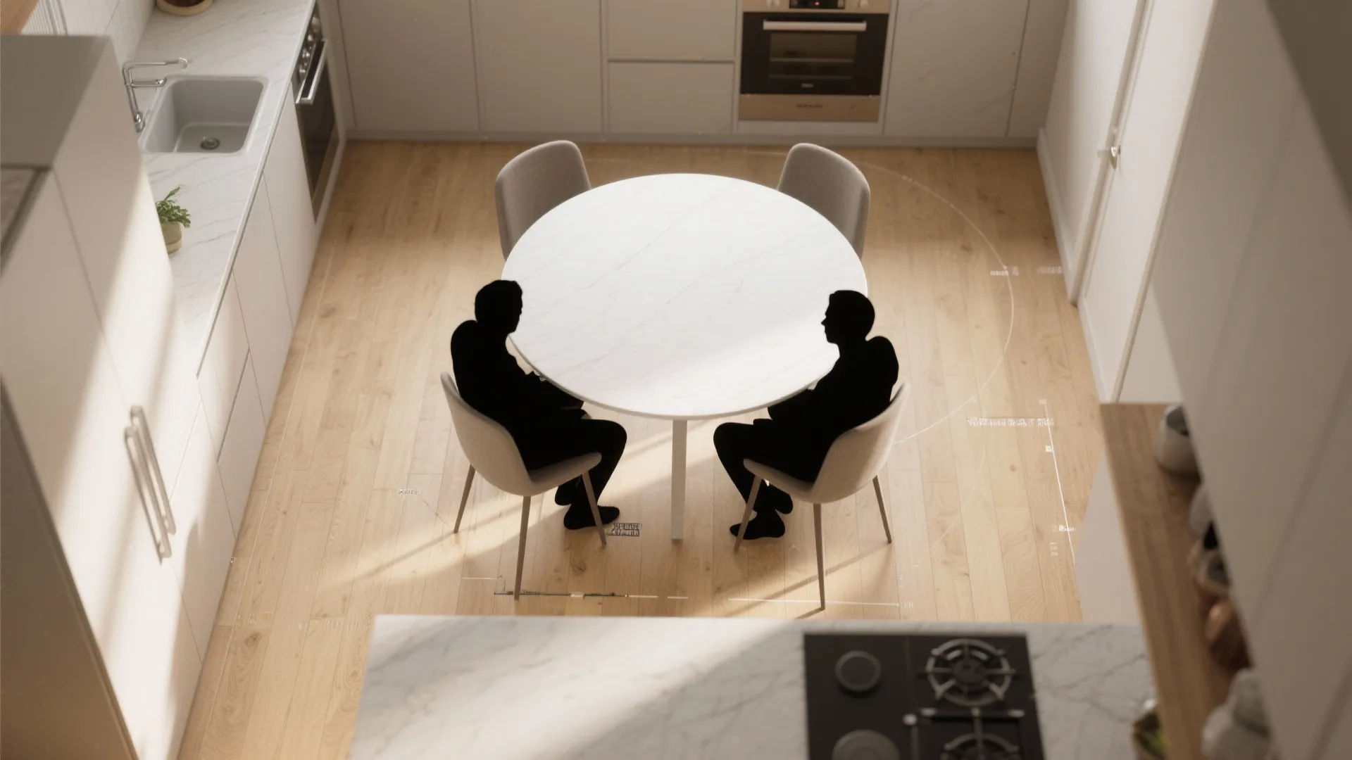 Interior design drawing with round dining table and four chairs on wood floor in kitchen