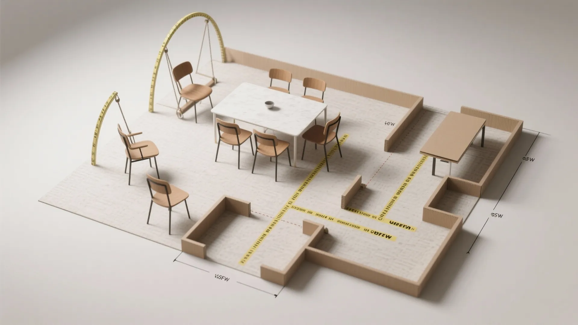 Top-down floorplan mockup showing clearance and swing arcs for chair and table in a small apartment.