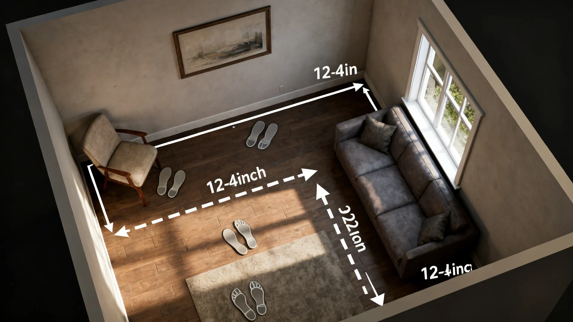 Top-down diagram showing swivel chair clearances and traffic paths in a small living room.