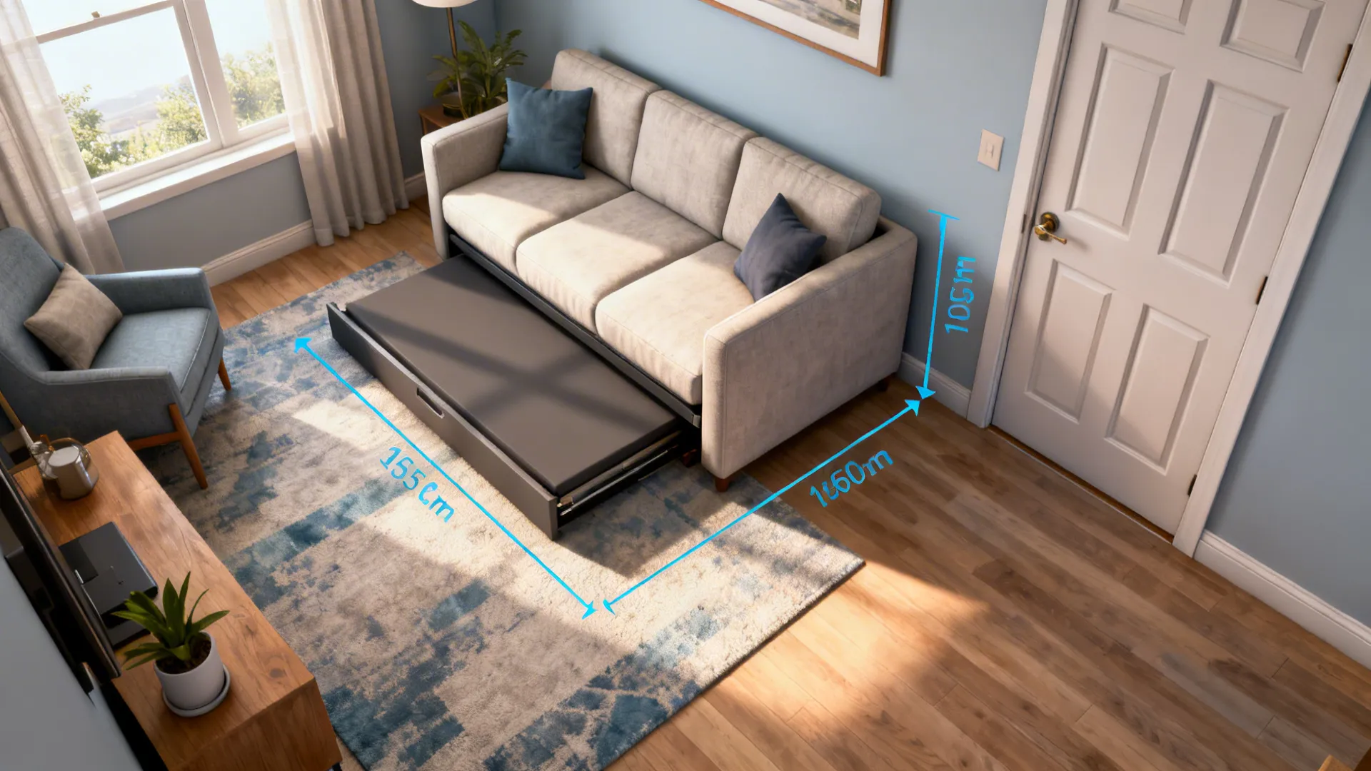 Top-down diagram of living room showing sleeper sofa clearance zones and measurements.
