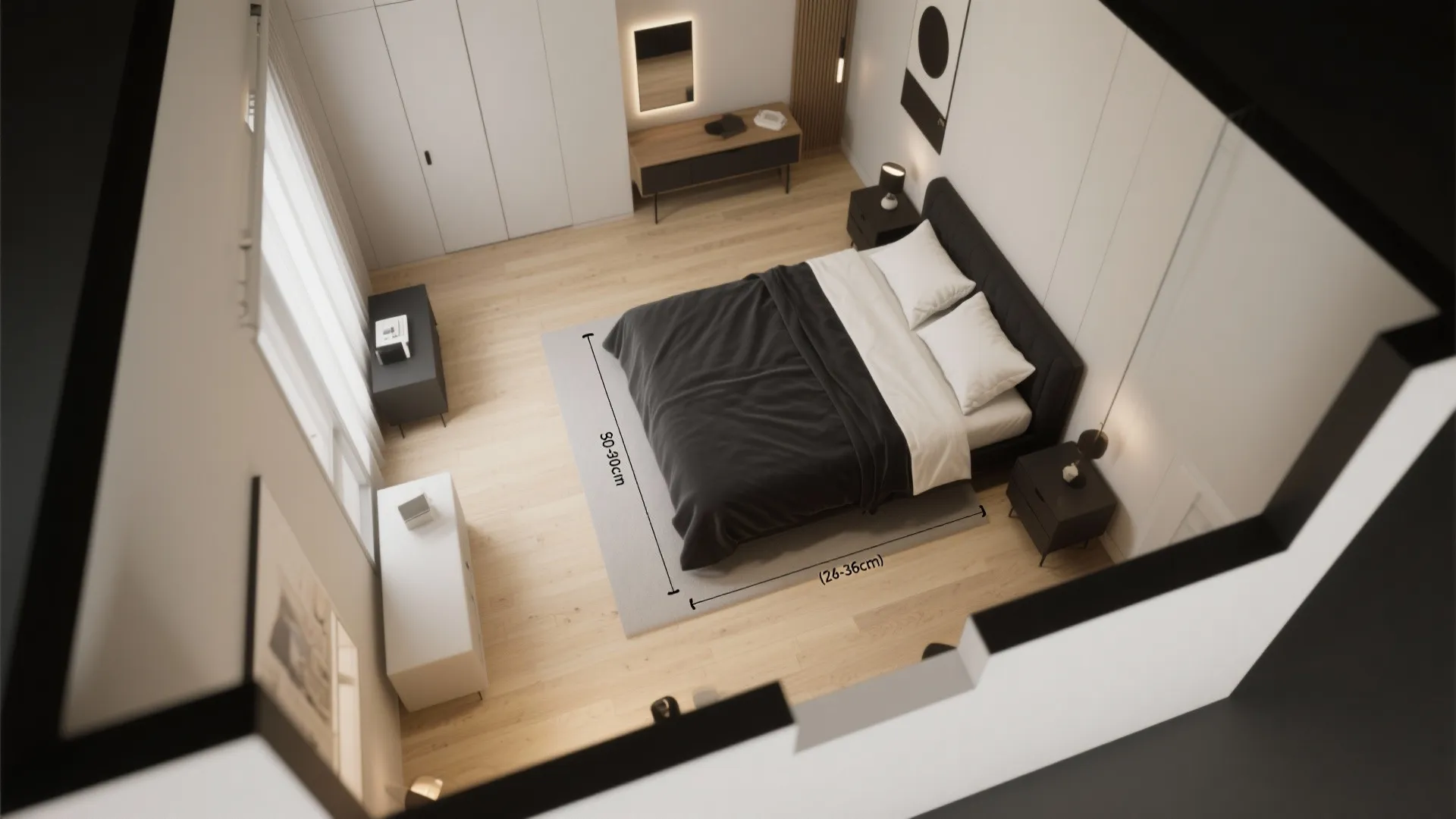 Top view interior design drawing showing bedroom rug placement measurements and furniture layout for space