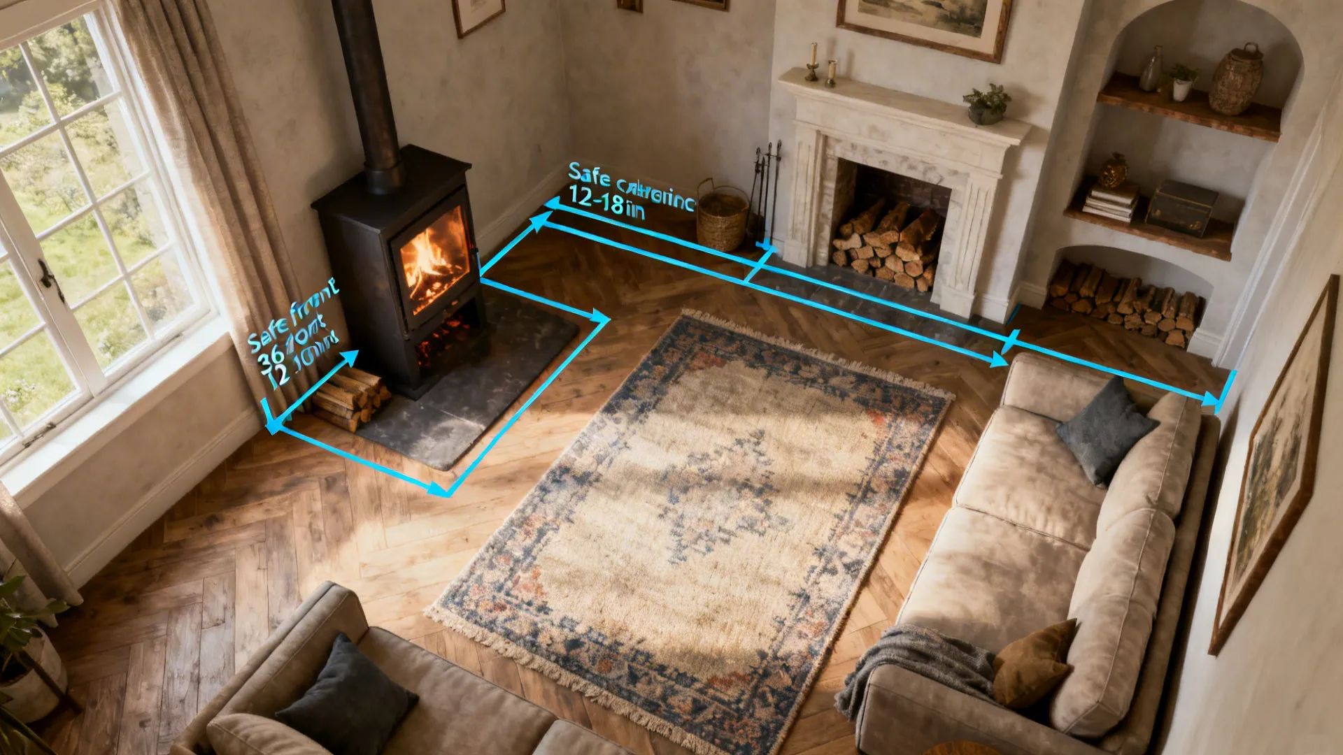 Top-down layout sketch showing safe clearance zones and placement ideas for a wood burner in a small living room.
